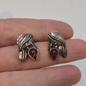 Vintage Natural Cognac Brown Baltic Amber Leaf Earrings 925 Sterling Silver